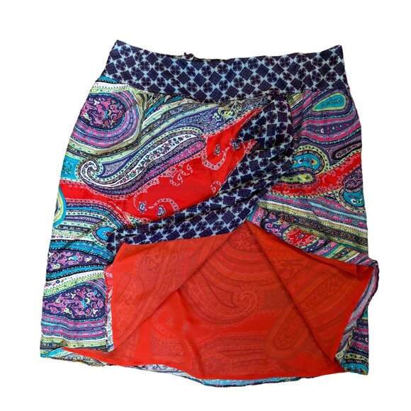 Silk Paisley Geometric Print Skirt Faux Wrap Sz 16 Vibrant Red Purple Zip - Picture 7 of 9